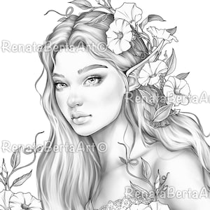 May include: A black and white line drawing of a woman with long flowing hair. She is wearing a crown of flowers and has an elven ear. The drawing is in a realistic style.