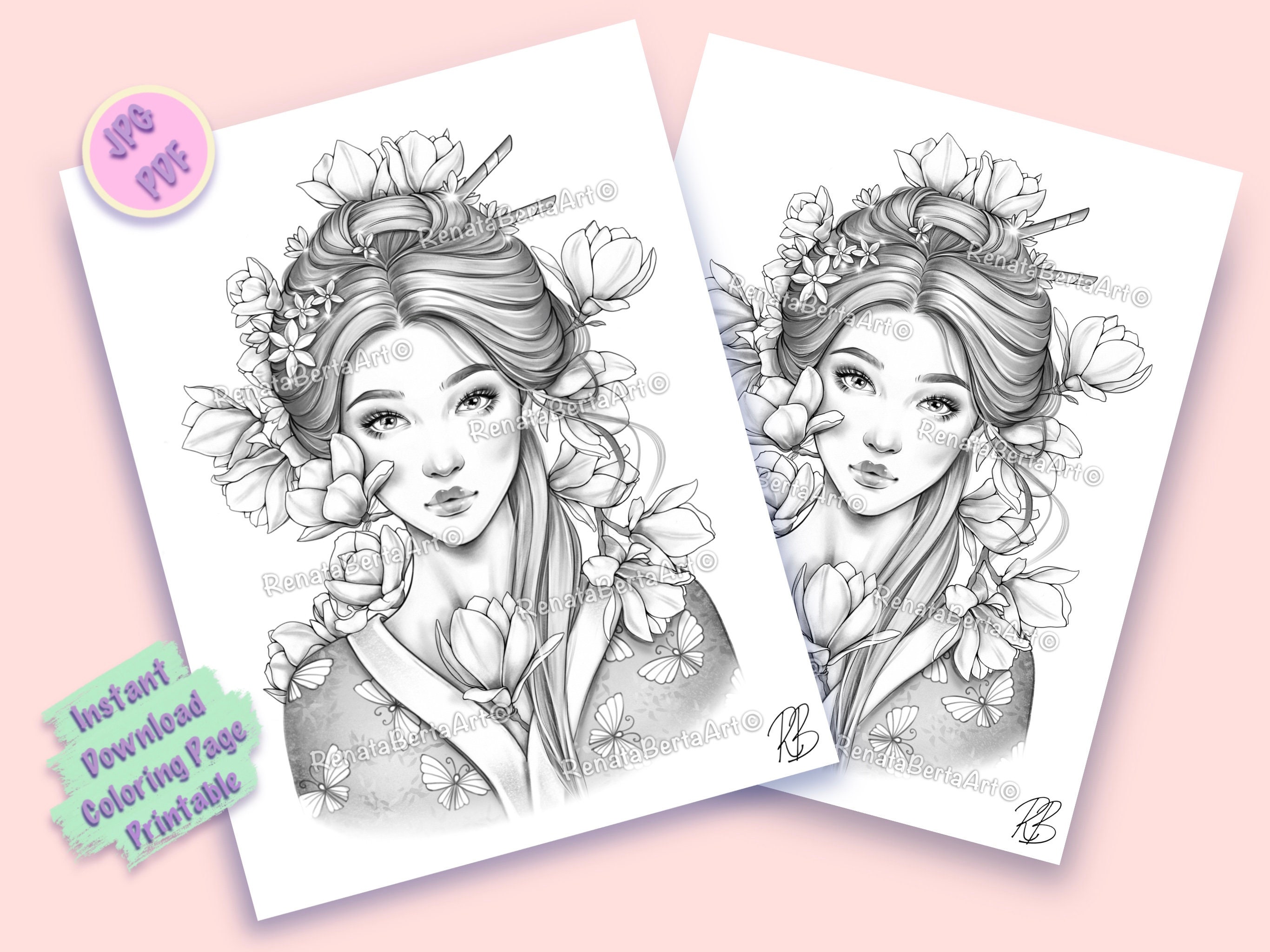Magnolia - Premium Grayscale Coloring Page - Instant Download ...