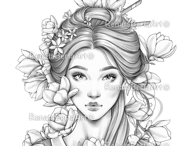Magnolia - Premium Grayscale Coloring Page - Instant Download ...