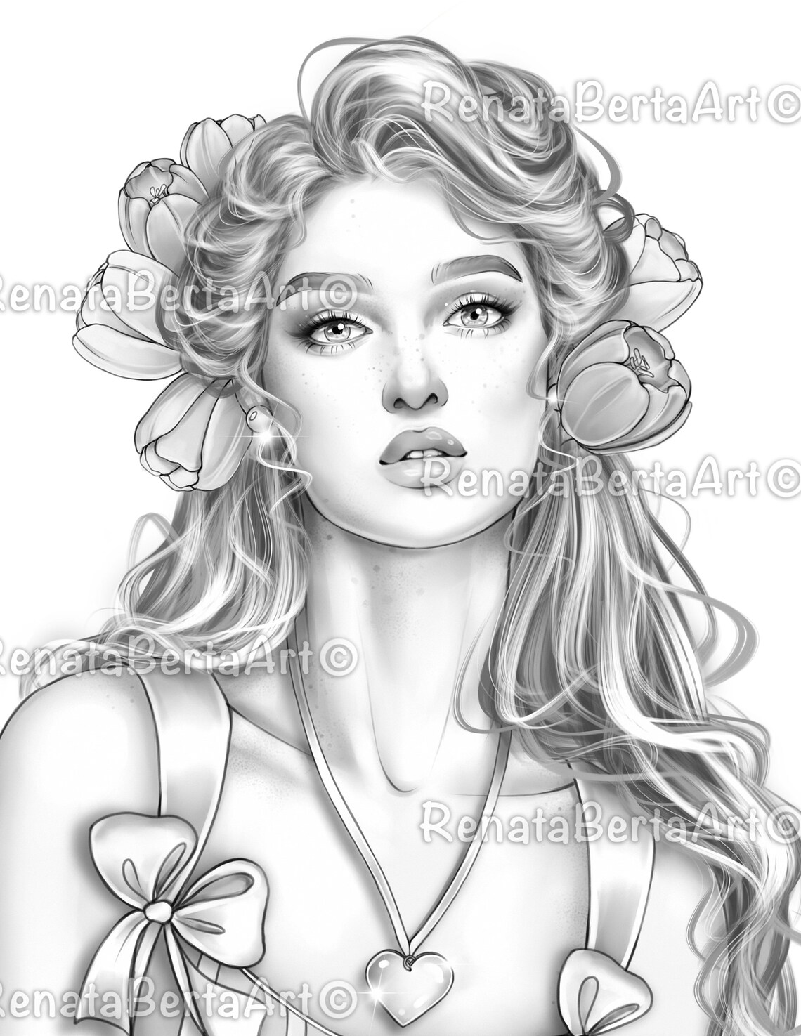 Tulip Girl - Premium Grayscale Coloring Page - Instant Download ...