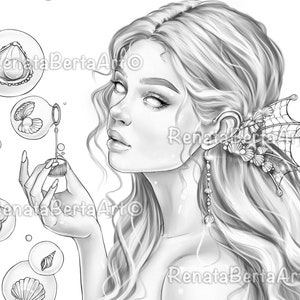 In the bubble - Premium Grayscale Coloring Page - Instant Download - Printable - Portrait - Beautiful- Mermaid - Bubble Wand - Sea shells