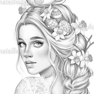 May include: A black and white illustration of a woman with long, flowing hair decorated with daffodils and Easter eggs. The woman is looking to the side and has a soft, gentle expression.