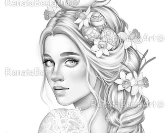 Spring is in the air - Premium Grayscale Coloring Page - Instant Download Coloring Page - Printable - Portrait - Easter