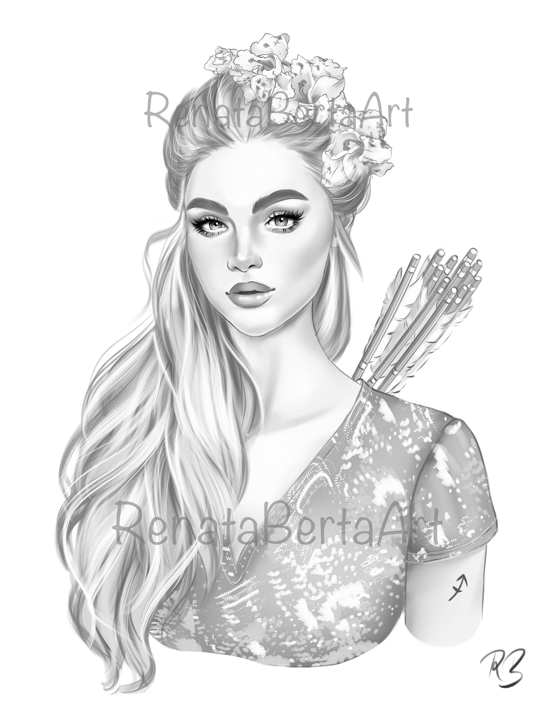 Sagittarius - Premium Grayscale Coloring Page - Instant Download Coloring Page - Printable - Zodiac - Woman Portrait