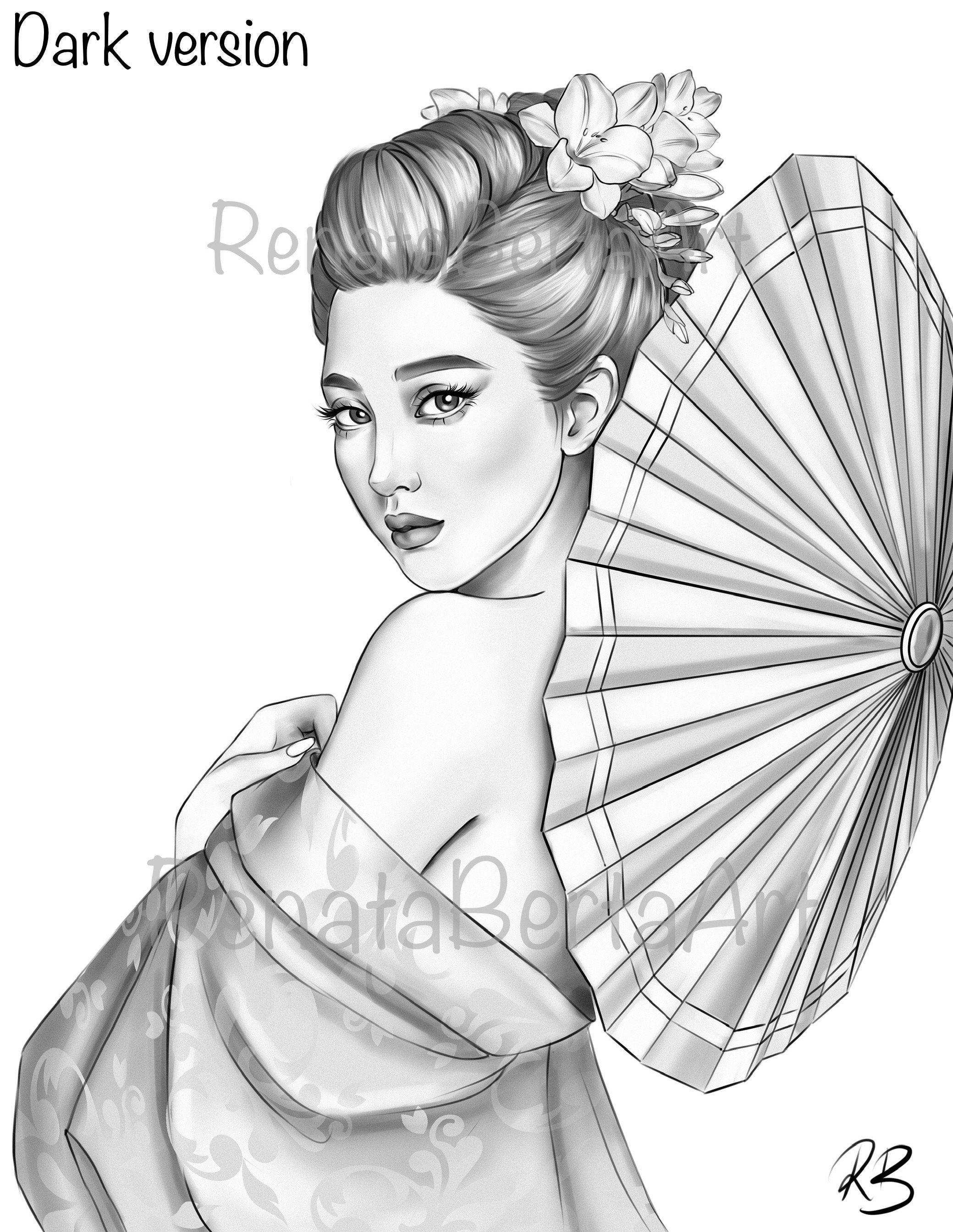 Premium Grayscale Coloring Page Instant Download Coloring Page Printable  Woman Portrait Geisha - Etsy Norway