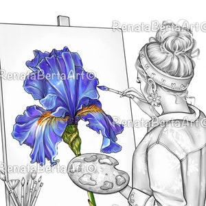May include: A grayscale illustration of a person painting a blue iris flower on a canvas. The person is wearing a headband and has their hair pulled back in a bun. The person is holding a paintbrush in their right hand and a palette in their left hand. The canvas is on an easel.
