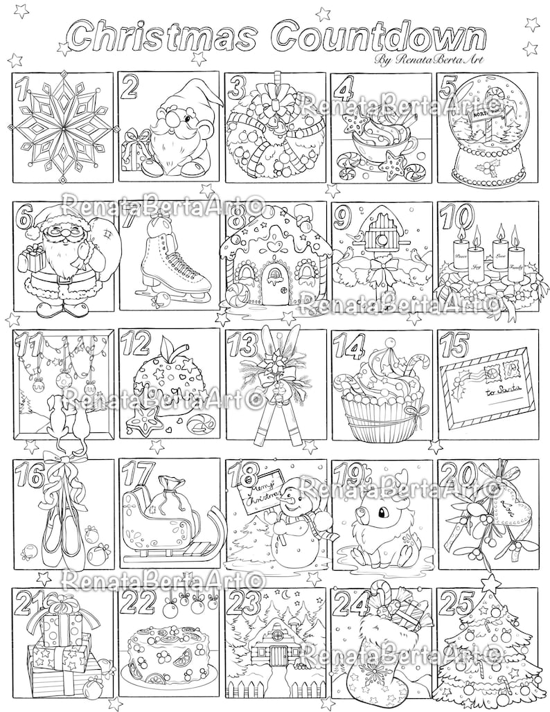Christmas Countdown Line-art Coloring Page - Premium Coloring - Instant Download - Printable - Advent Calendar for Adults and Children image 3