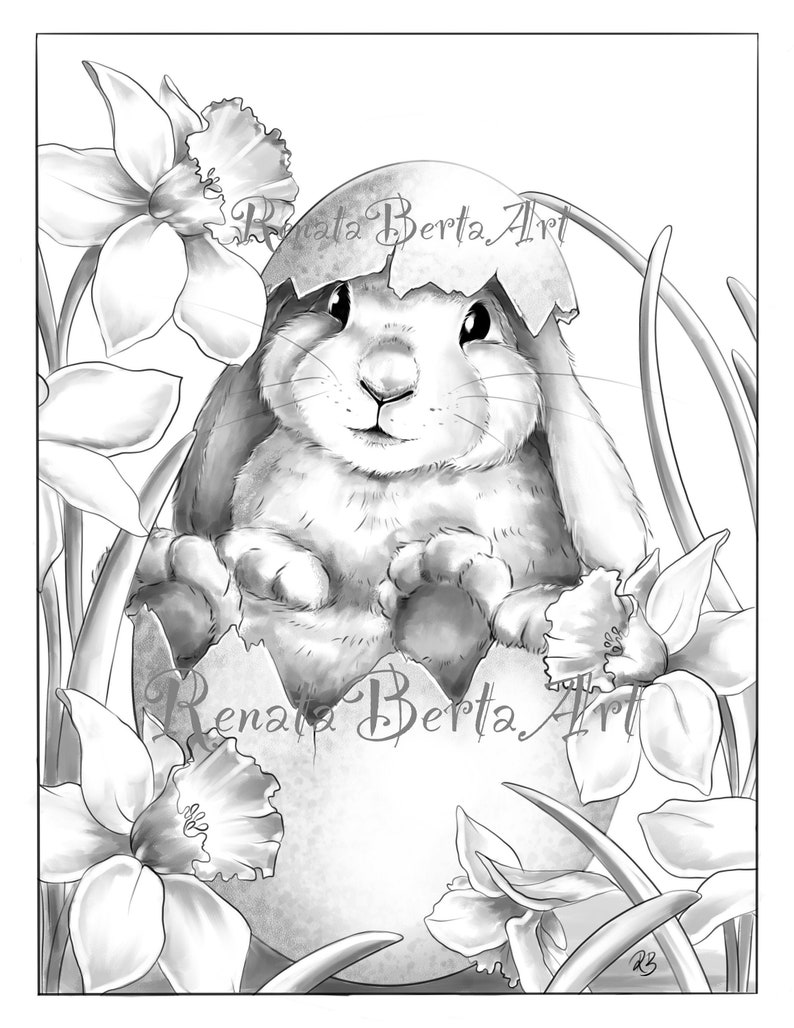Premium Grayscale Coloring Page Instant Download Coloring Page Printable Easter Bunny Spring Daffodil image 1