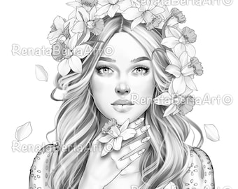 Fille Narcisse - Coloriage Premium en niveaux de gris - Téléchargement immédiat - Imprimable - Portrait - Narcisse - Printemps - Coloriage beauté