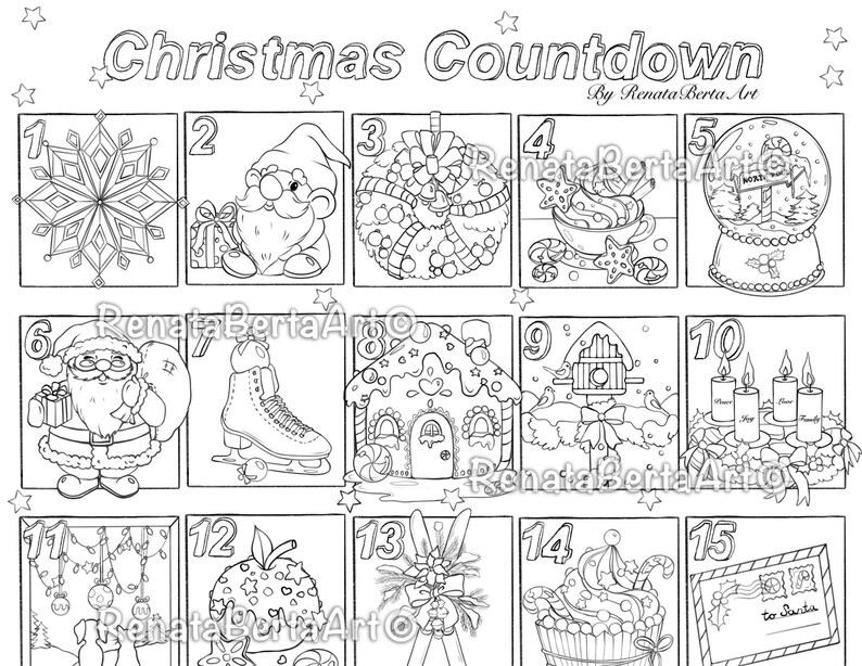 May include: A black and white printable Christmas countdown calendar with 15 numbered squares. Each square features a different Christmas-themed illustration, such as a snowflake, a gnome, a gingerbread house, and a stocking.