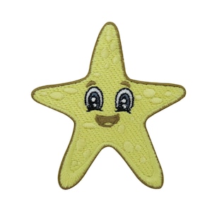 May include: A yellow embroidered starfish with a smiling face and big eyes. The starfish is a popular ocean-themed design.