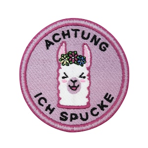 Patch for ironing or adhesive fastening: Caution: I spit llama | Pink funny alpaca patches, funny iron-on patches, animal patches