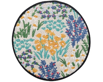 Patch for ironing or self-adhesive closure: Round flower meadow | Colorful flower patches, flower iron-on patch, blossoms 80s, hippie retro patch