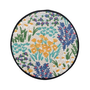 Patch zum Aufbügeln Runde Blumenwiese | Bunte Blumen Patches, Flower Bügelbild, Blüten 80er Flicken, Hippie Retro Aufnäher