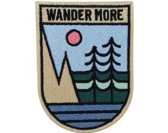 Iron-on patch Wander More Mountains | Hiking outdoor patches, tree sun iron-on patch, mountains iron-on patch, hiker patches backpacks