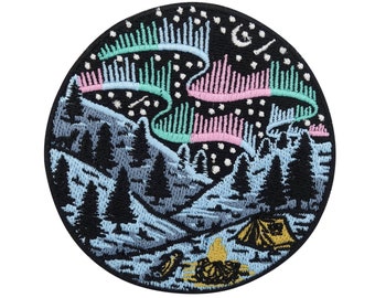 Iron-on patch Northern Lights Camping in the mountains | Forest Patches Stars Sky Iron-On Patch, Moon Patch Tree Nature Patch Finally Home