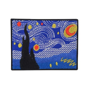 May include: Embroidered patch featuring a stylized depiction of Van Gogh's "Starry Night." The patch showcases a dark blue sky with swirling white lines, yellow stars, and a crescent moon. A black silhouette of a tree is on the left.