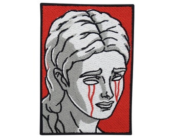 Iron-on patch Red Crying Stature | Mythology patches, art iron-on patch, tear iron-on patch, sad patch, iron-on patch adult