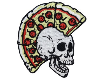 Iron-on skull patch with pizza hair | Black and white skull eyes, biker/rocker patches, iron-on patches, patches, sew-on patches