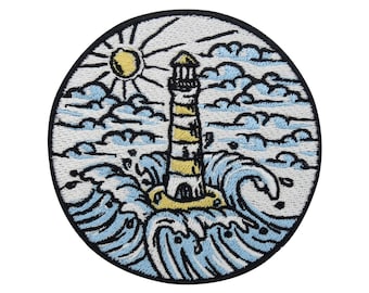 Iron-on patch of a lighthouse at sea | Sea water patches, sun iron-on patches, wave iron-on transfer, maritime sea boat sea ocean patch