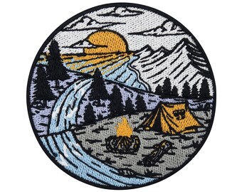 Iron-on patch river camping with sunset | Forest patches, trees iron-on patches, sea patches, mountains patches, finally home iron-on patches