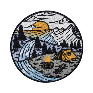 Iron-on patch river camping with sunset | Forest patches, trees iron-on patches, sea patches, mountains patches, finally home iron-on patches