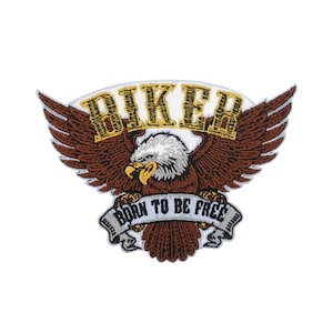 Puede incluir: Un parche bordado con un águila marrón con las alas extendidas, una pancarta que dice "Born to be Free" y la palabra "Biker" en letras doradas.