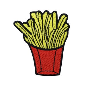 Könnte beinhalten: Ein gestickter Aufnäher mit einem roten und weißen Papierbecher, gefüllt mit gelben Pommes Frites.