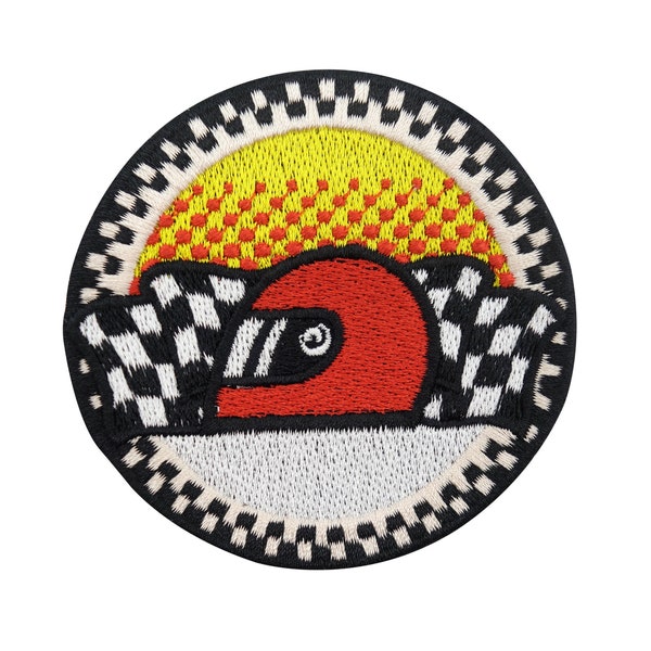 Iron-on patch - motorsport helmet with checkered flag | Sports car patches, racing iron-on retro flag iron-on patch, motorsport car patch