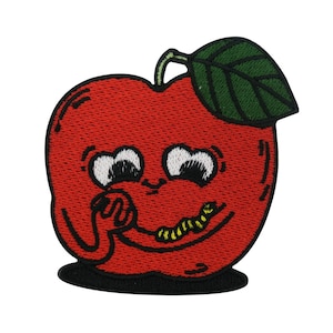 Op de afbeelding: Een rode appel met een groen blad en een worm erin, die lacht met grote ogen. De appel is geborduurd met een zwarte omtrek.
