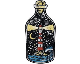 Iron-on patch: Lighthouse in a bottle | Sea patches, moon and stars iron-on patches, sea and wave patches, planet patches, summer art
