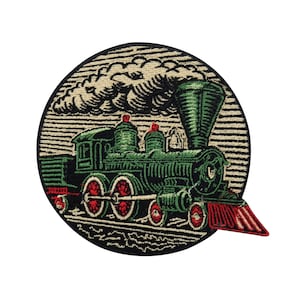 May include: A green and red embroidered patch of a vintage steam locomotive with a plume of smoke. The locomotive is on a track with a black background.