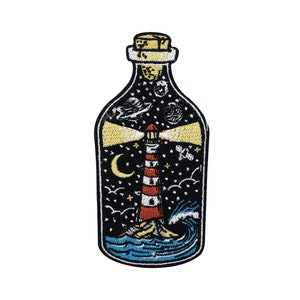 Patch zum Aufbügeln Leuchtturm in der Flasche | Meer Patches, Mond Sterne Bügelflicken, See Welle Flicken, Planeten Aufnäher Sommer Kunst