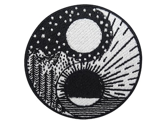 Iron-on patches featuring yin and yang, mountains and sea, moon and sun | Tree patches, hiker iron-on patches, vacation outdoor patches, and finally home.