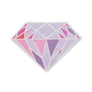 May include: A pink and purple diamond shaped embroidered patch. The diamond is outlined in white thread.