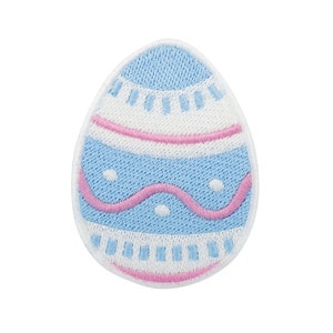 May include: A blue and pink embroidered Easter egg patch. The egg is decorated with white and pink lines and dots.