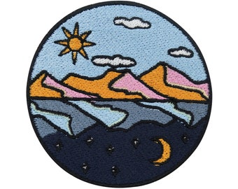 Jour et nuit Mirror Lake Iron-On Patch | Patchs soleil lune, image thermocollante vintage, patch thermocollant de montagne, patch de montagne, patch thermocollant Enfin à la maison