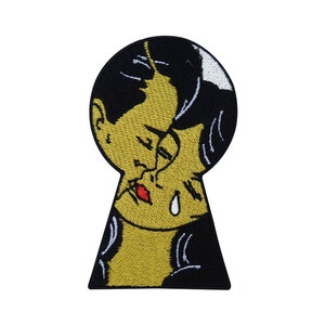 Patch zum Aufbügeln Sad Pop Art Keyhole | Comic Style Patches, Schlüsselloch Bügelflicken Kuss Flicken Traurige Liebes Aufnäher Finally Home