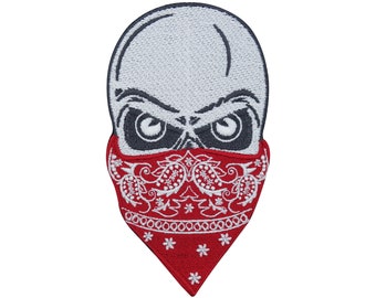 Toppa termoadesiva a forma di teschio con bandana rossa | Toppa per gilet in pelle, toppe a forma di teschio, toppe termoadesive a forma di teschio da motociclista, gilet da motociclista