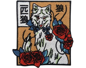 Wolf with roses iron-on patch | Wolves Jeans Jacket Patches Rose Iron-On Patch Wolfs Iron-On Animals Patch Flowers Iron-On Patch Finally Home