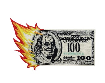 Patch thermocollant Burning Money Burning 100 $ | Patchs, billets de banque, patchs thermocollants, patchs argent pour vestes en jean Enfin Accueil