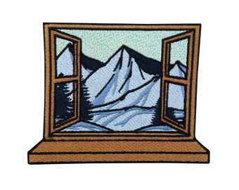 Patch zum Aufbügeln Fenster Ausblick in den Bergen | Wandern Patches, Berg Bügelflicken, Bäume Flicken, Aufnäher Wanderklamotten geeignet
