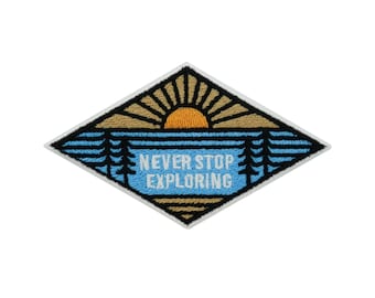 Iron-on or self-adhesive patch - Never Stop Exploring Mountains with Sun and Trees | Outdoor Hiking Patches, Backpack Patches