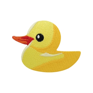 May include: A yellow rubber duck with a red beak and black eyes. The duck is a popular bath toy for children.