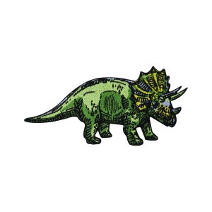May include: Green embroidered patch of a dinosaur with a frill and three horns. The dinosaur is facing right and has a detailed design.