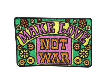 Parche termoadhesivo "Haz el amor y no la guerra" | Parches de flores hippies, parches de paz, parches termoadhesivos de autobús con el poder de las flores, parches de paz de los 80, Por fin en casa