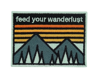 Patch zum Aufbügeln Feed your Wanderlust | Berg Patches Natur Bügelbild Wanderer Aufbügler Retro Camping Aufnäher Outdoor Bügelpatch Flicken