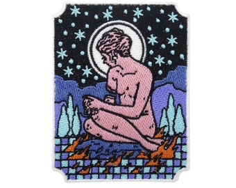Destruction of the World Patch zum Aufbügeln | Mond Patches Sterne Bügelbild Frauen Statue Aufbügler Feuer Aufnäher Weltuntergang Bügelpatch
