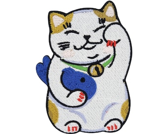 Patch lucky cat with fish in its paws iron-on patch | Cat patches, Chinese waving cat iron-on patches, cat patches, cats