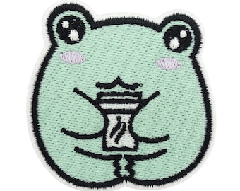 Iron-on patch - Coffee Breaks Frog | Coffee Patch, Cute Iron-On Patches, Small Iron-On Patch, Frog Patches